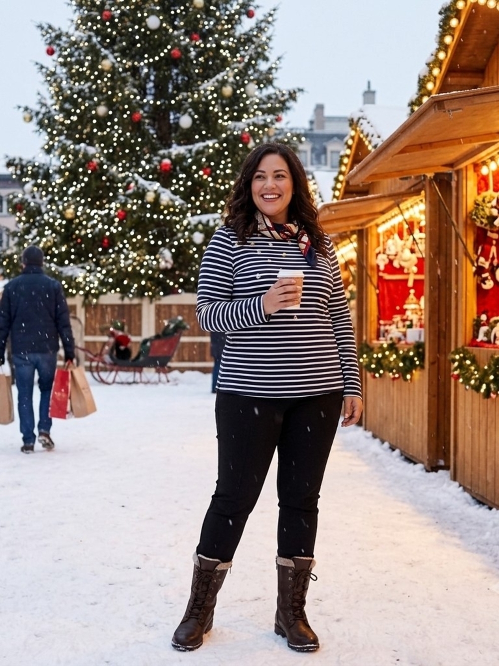Talbots The Talbots Tee Striped Navy & White Top With Gold/Silver Xmas Balls 1X